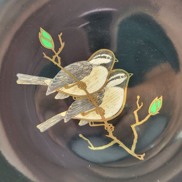 Couroc Chickadee Birds on Branch Hand Inlaid Wood 8 Inch Round Bowl - Picture 3 of 5